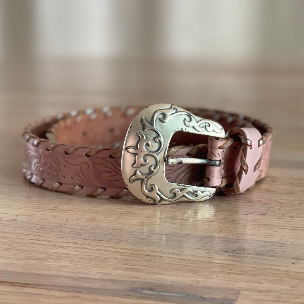 Vintage Western Pink Floral Embossed Leather Whipstitch Belt Silver Buckle S